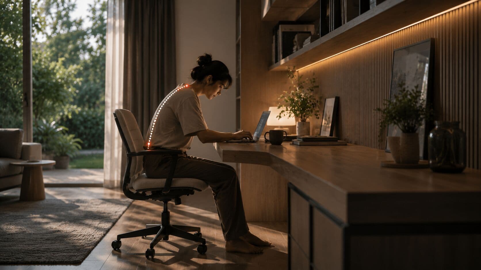 A person experiencing back pain while working at a desk in a rented apartment