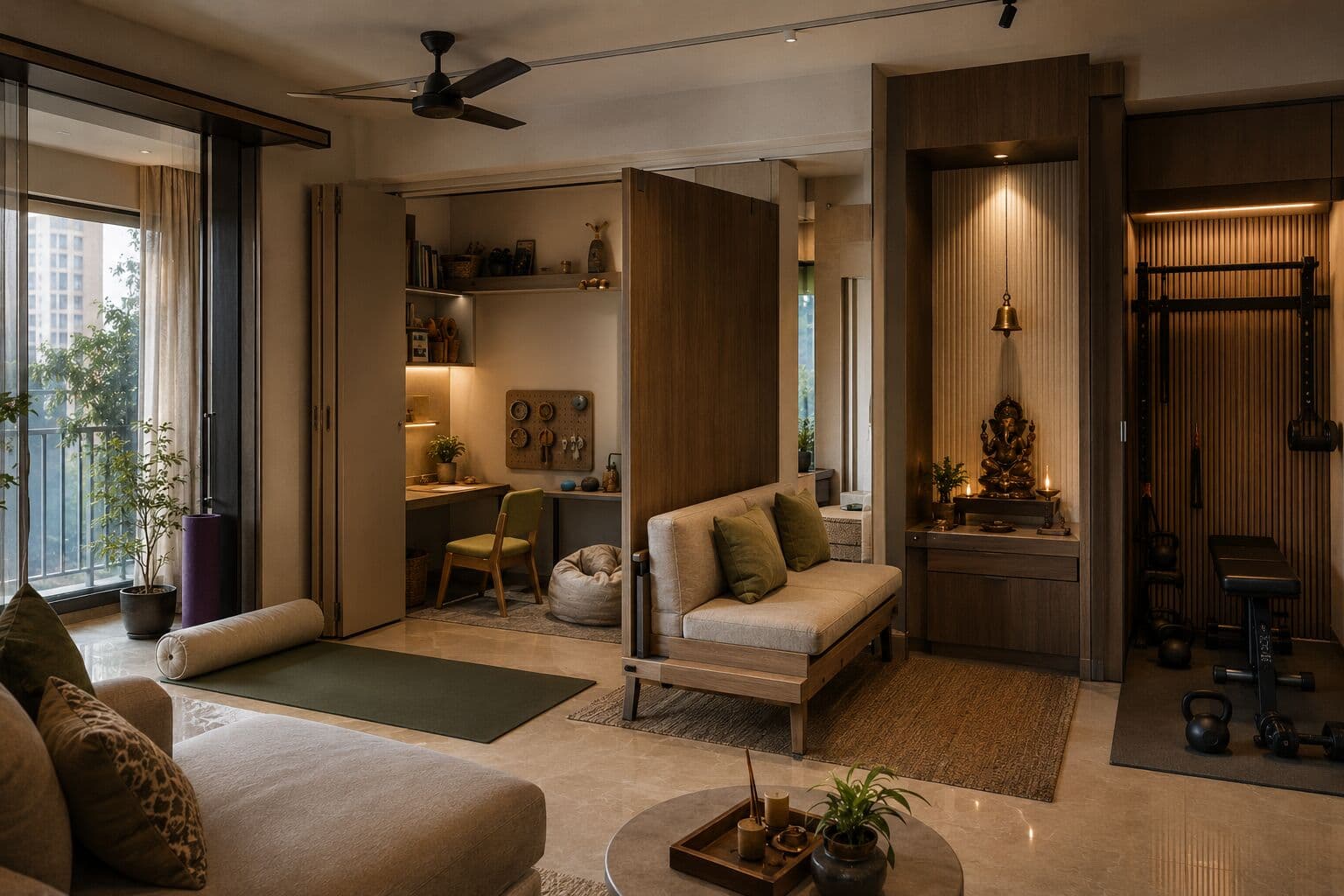 A standard apartment living room serving multiple conflicting purposes
