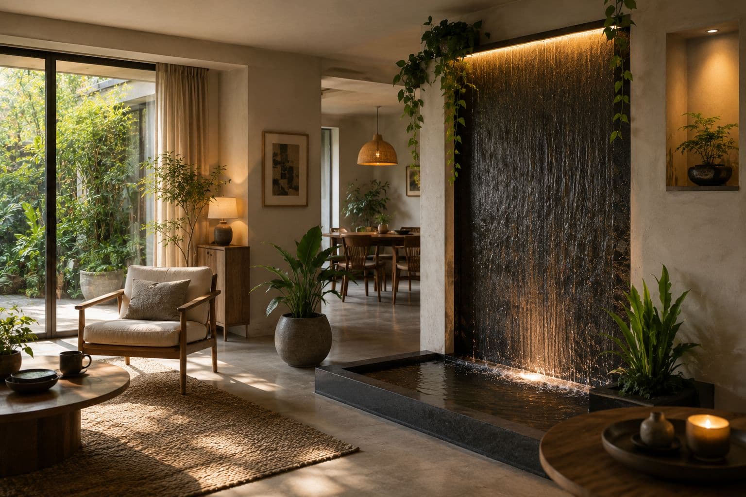A modern, minimalist living room featuring a small, serene indoor water fountain on a console table, with soft natural light.