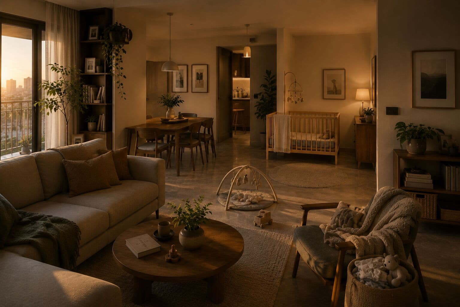 A warm, cozy nursery corner with soft lighting and gentle textures