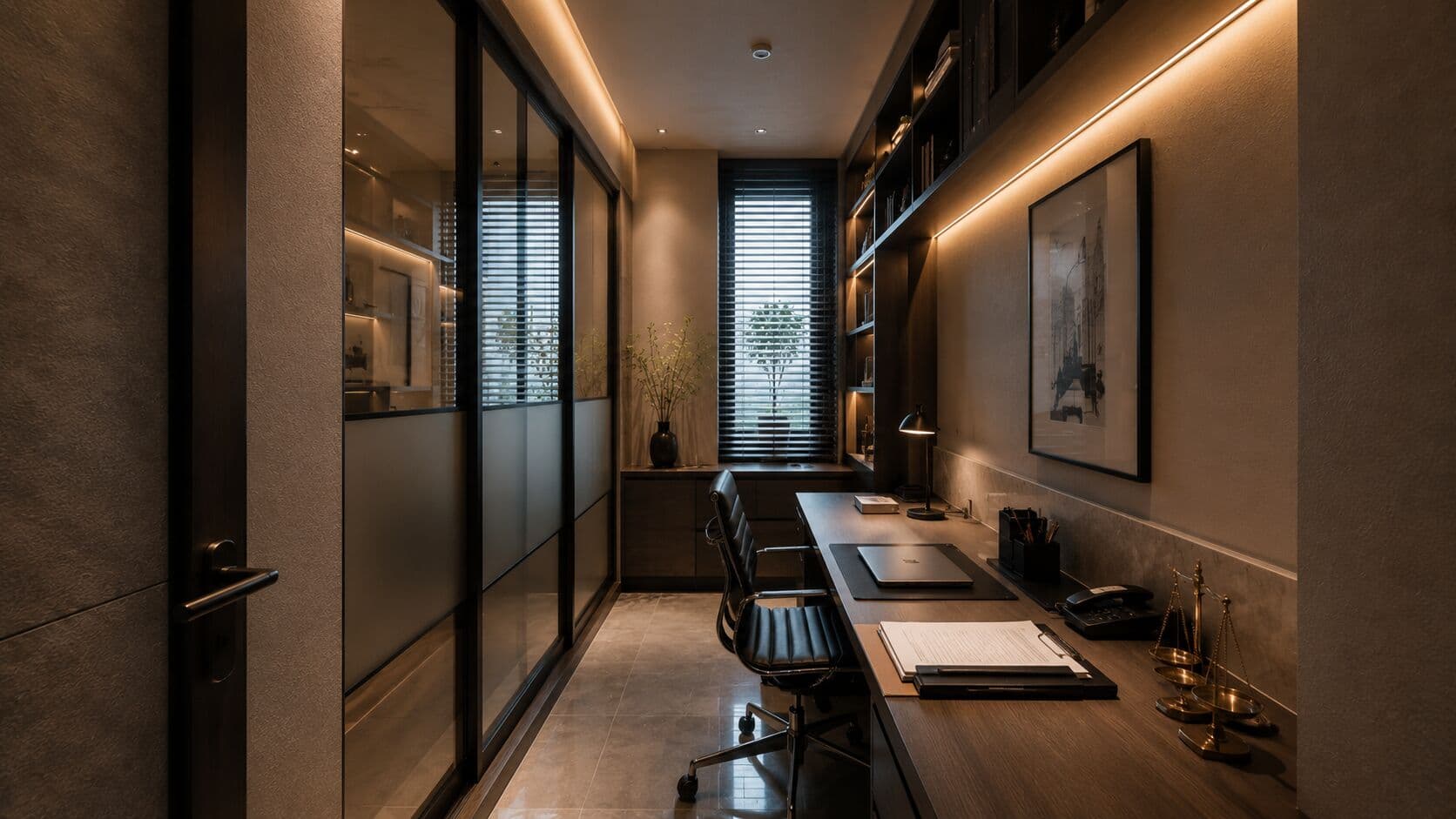 A narrow rectangular cabin office that forces the occupant to shrink