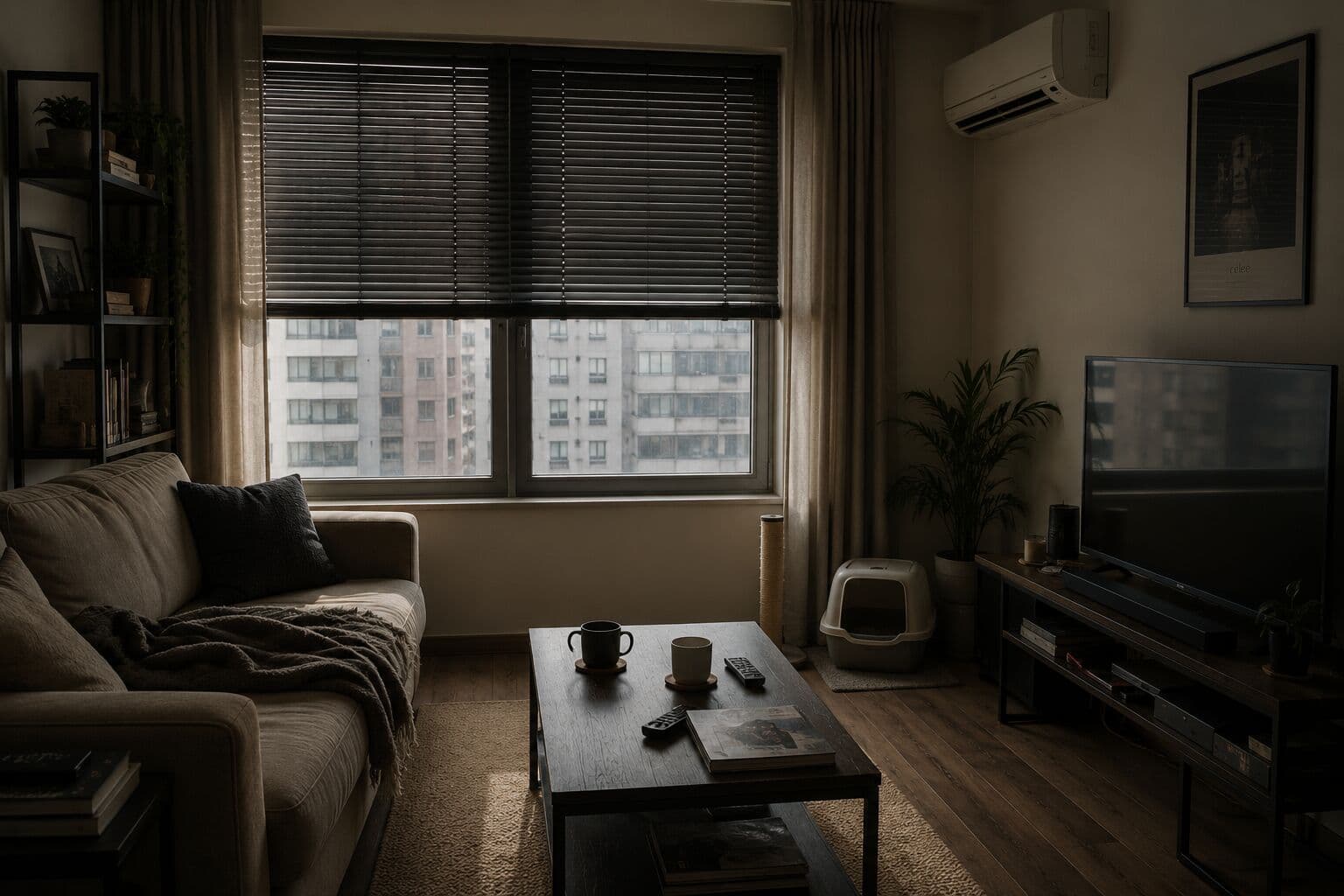 A dimly lit apartment interior with closed windows