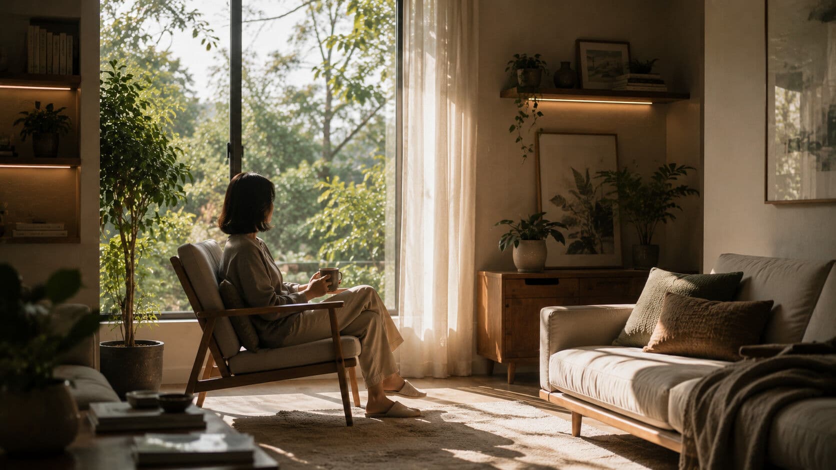 A softly lit, calm room with gentle natural light falling across uncluttered surfaces
