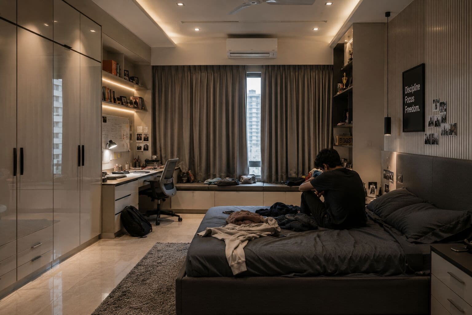 A teenager's room with carefully designed lighting and calming elements