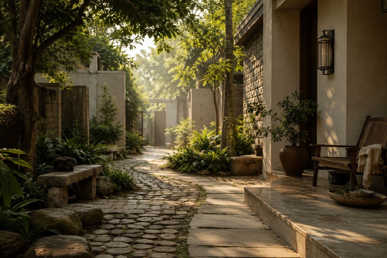 A peaceful indoor pathway with natural textures and a soft curve, inviting slow, mindful movement and a sense of calm.