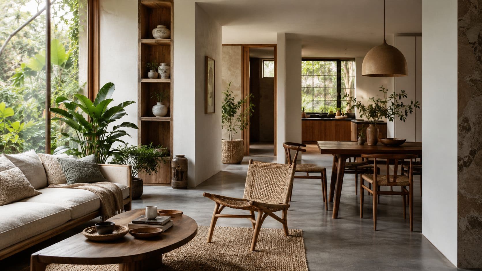 Bright, minimalist kitchen with natural wood countertops, glass jars, and ceramic bowls, promoting a plastic-free home.