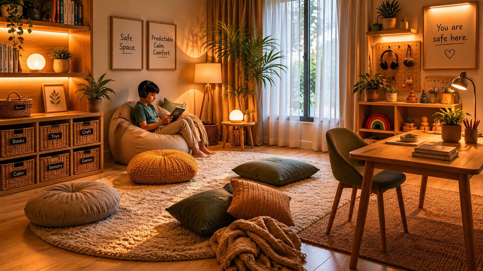 A calm, sensory-friendly room with soft lighting, neutral textures, and a quiet corner retreat