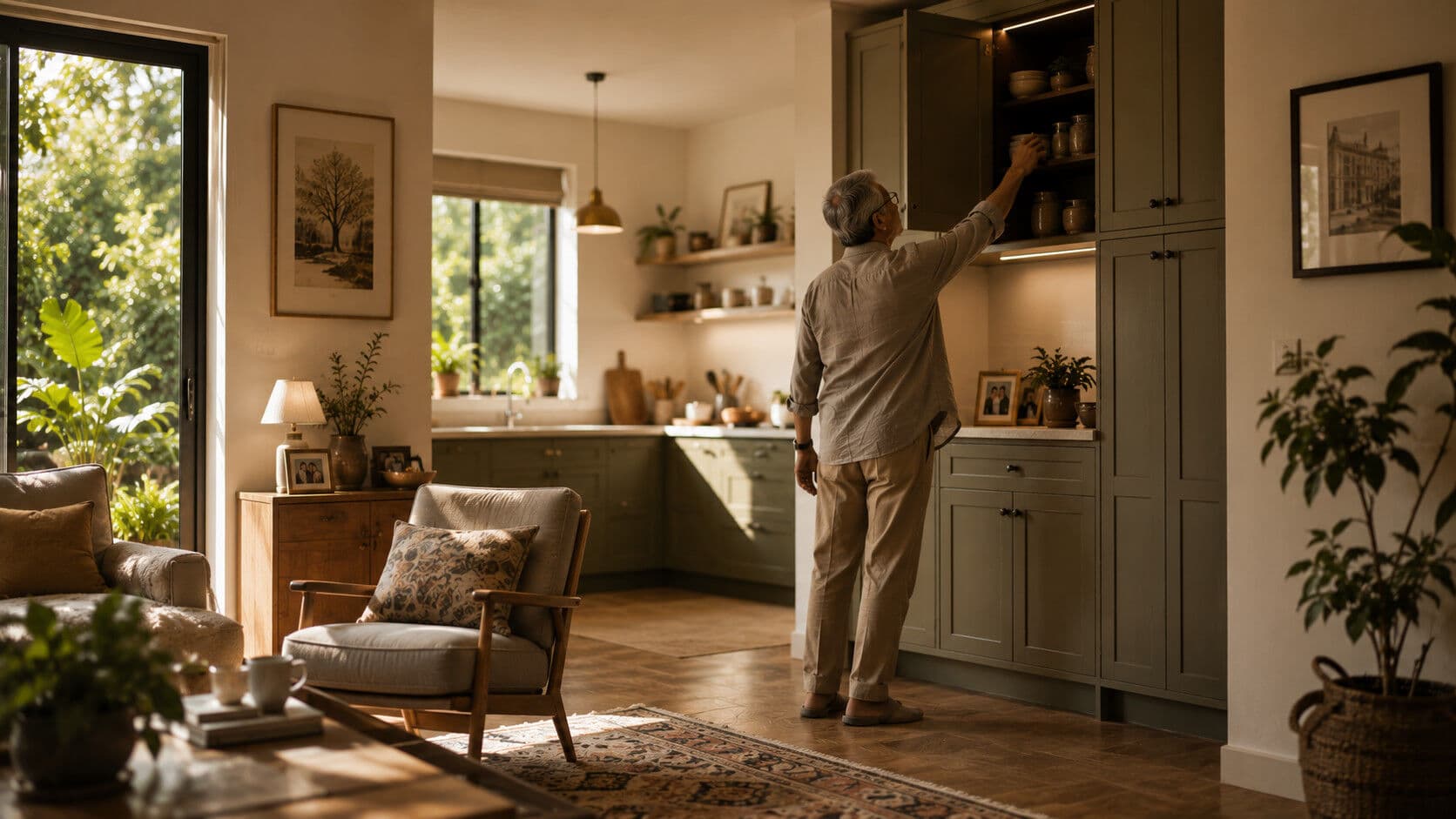 A warm, familiar living room that has been loved for decades, bathed in soft afternoon light