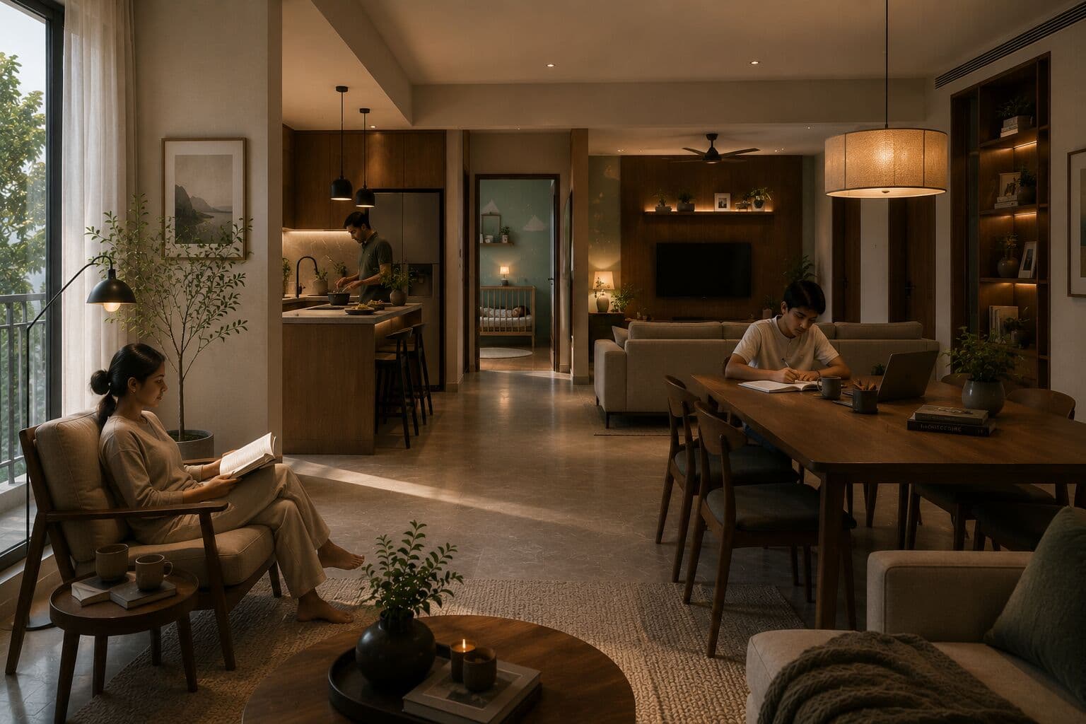 A warm, lived-in living room with natural light and comfortable seating