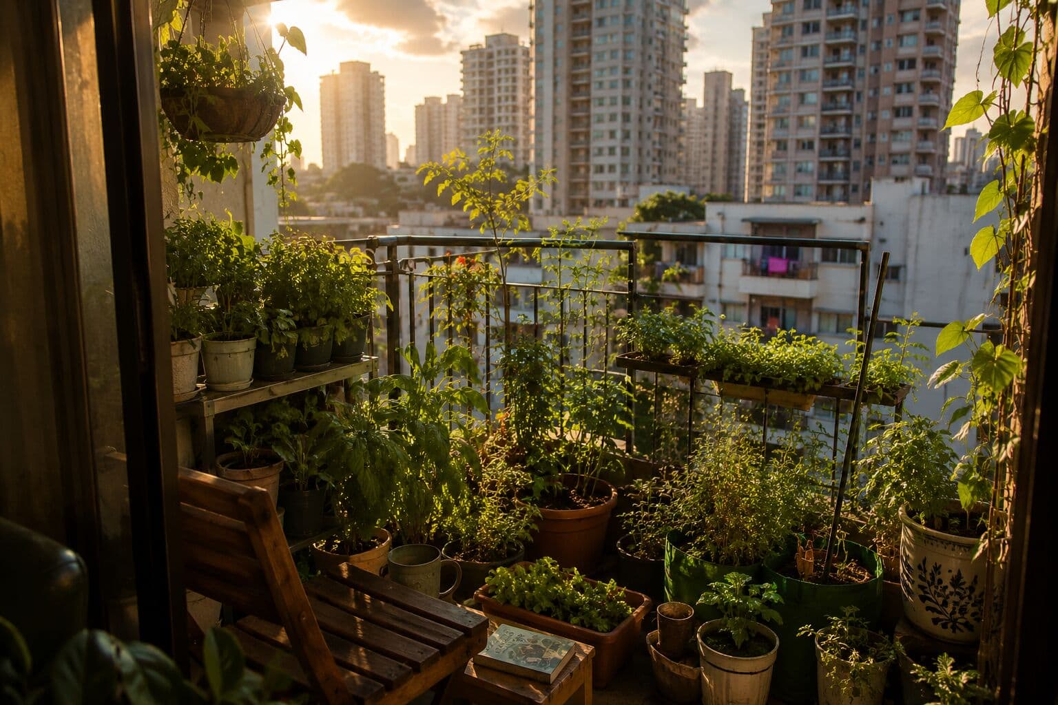 A lush green balcony filled with plants in a Mumbai apartment