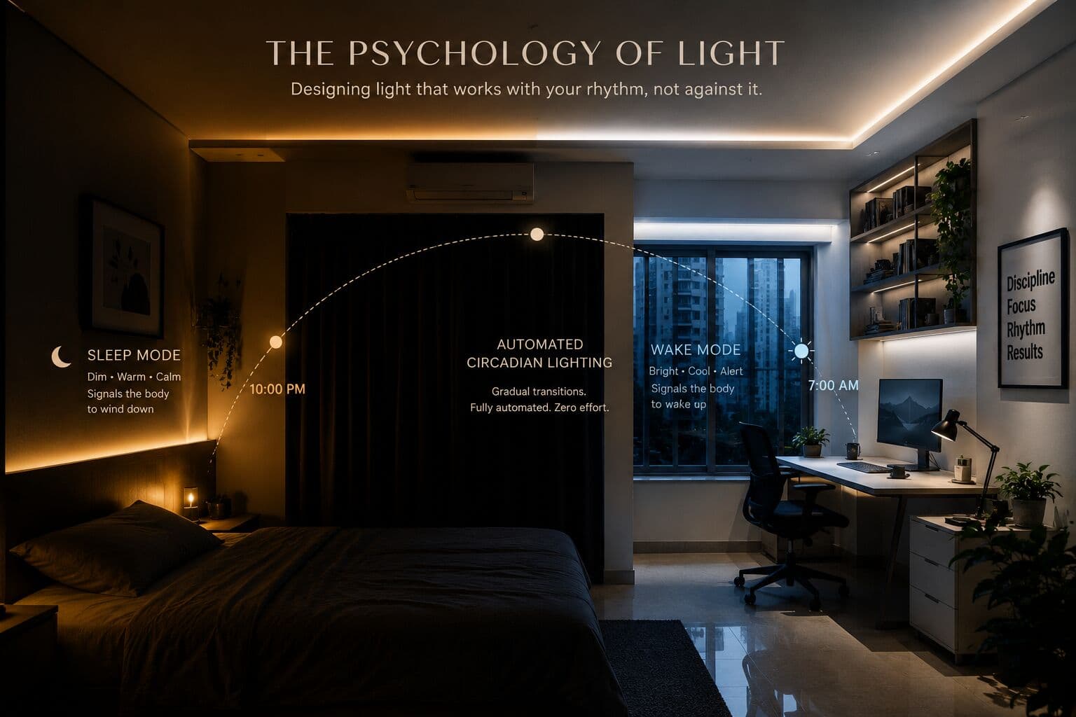 Bedroom with automated lighting simulating natural daylight cycles
