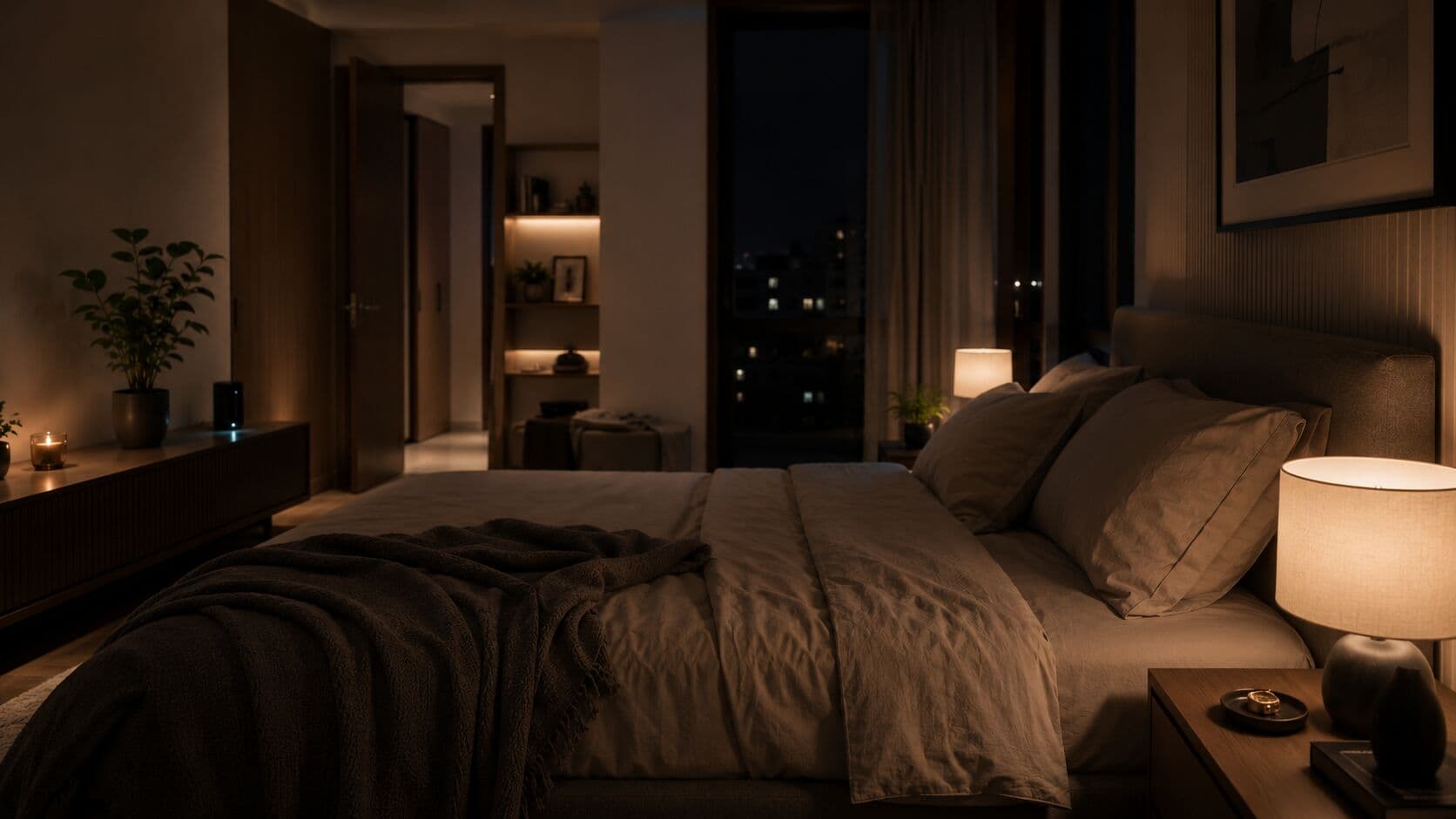 A calm bedroom with warm dim lighting designed for restful sleep