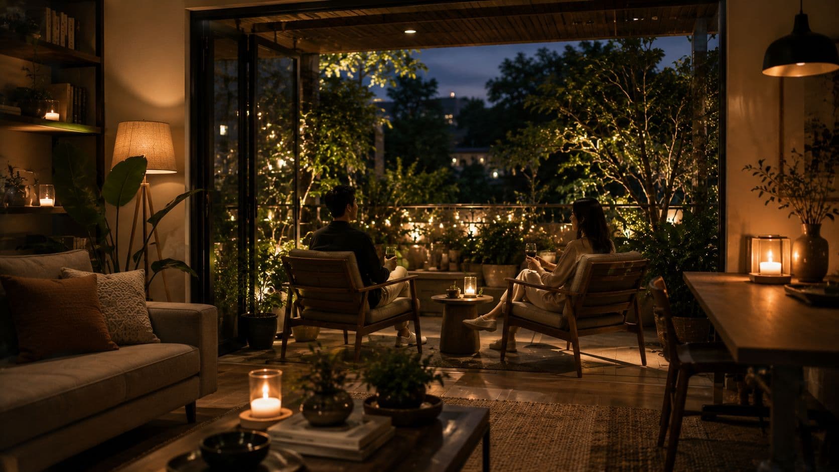 A warmly lit living room with comfortable, flexible seating and natural plants, fostering relaxed conversation.