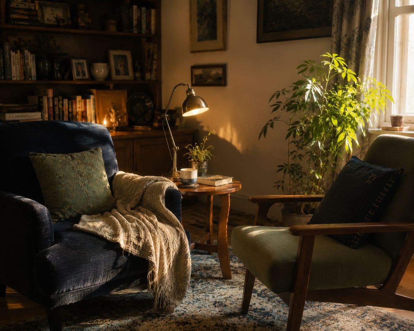 A warmly lit, comfortable living room corner with a cozy armchair, a small side table with a teacup, and a framed photo.