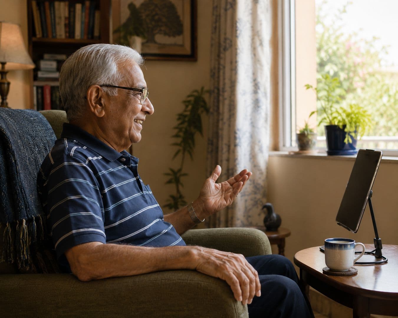 A calm, well-lit living room with a clear space for a video call, symbolizing remote connection and support.