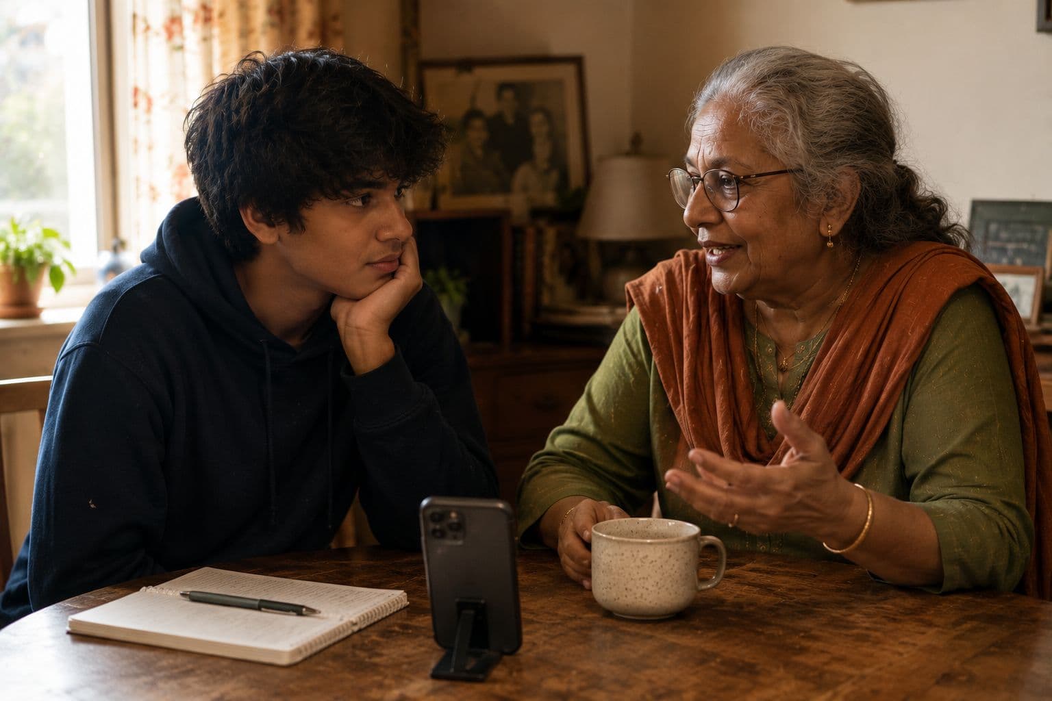 A bright, organized living room where a young person assists an elderly family member with a home improvement task, promoting safety and connection.