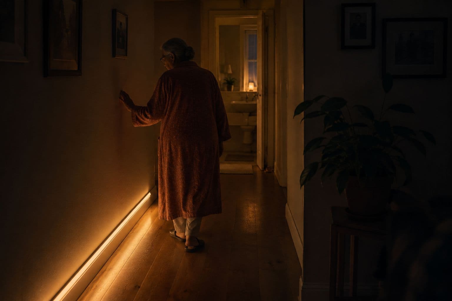 Warm, dim floor-level lighting guiding a safe path from a comfortable bedroom to a bathroom at night.