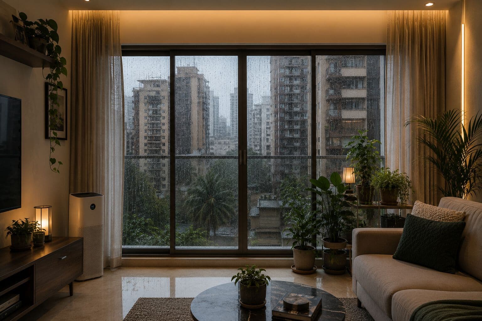 A sealed apartment window in a dense Indian city