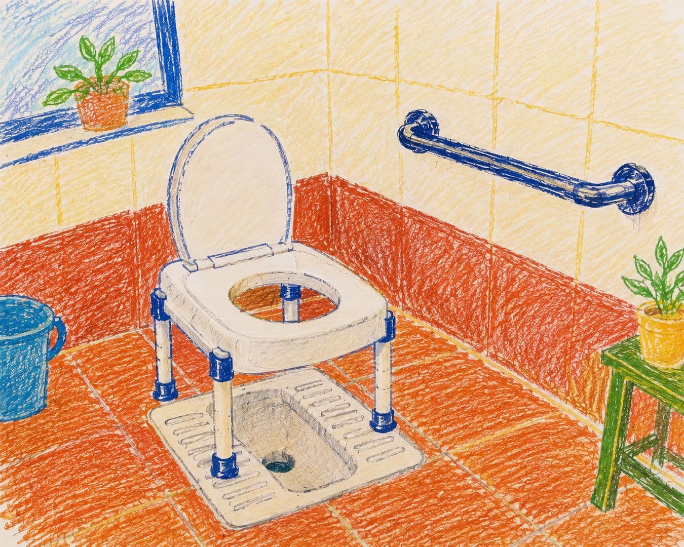 A serene Indian bathroom featuring modern, accessible design with discreet grab bars and non-slip flooring, suggesting comfort and safety.